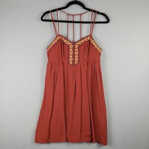 Maurices Size XS Strappy Back Mini Dress Burnt Orange Embroidered Trim Boho Fall